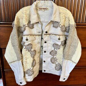 Free People Bali Rare Hearts Dainty Doily Crochet Denim Jacket Ivory Size S NWT